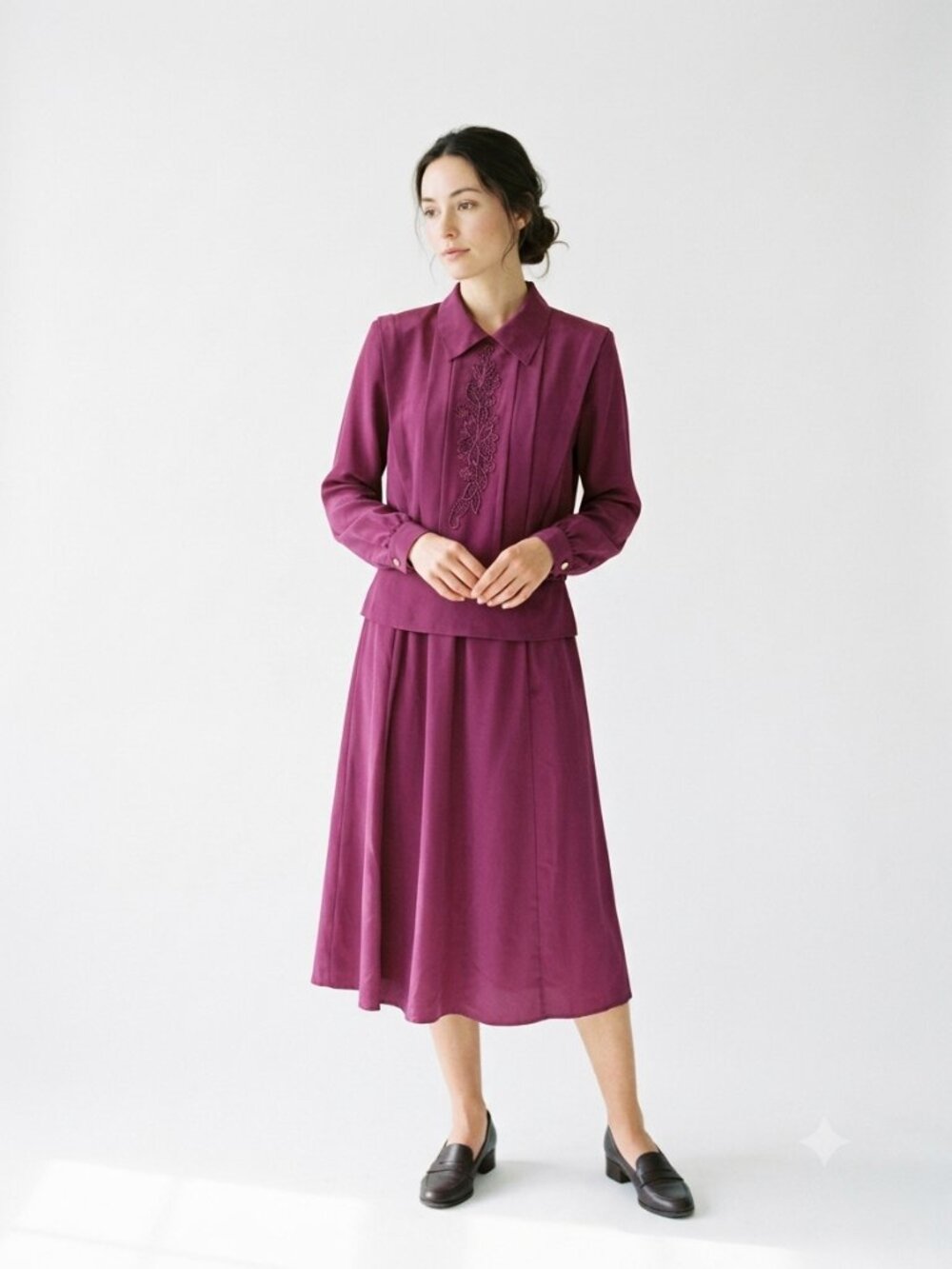 Vintage Laura Gayle Blouse Skirt Set Purple Office Siren Satin Pleated 12 NWT
